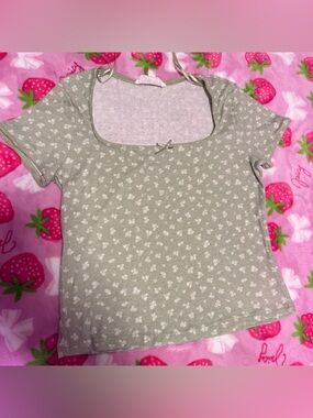 Pink Rose Y2K Floral Crop Top — Green Cottagecore Feminine Tee Size Medium Great